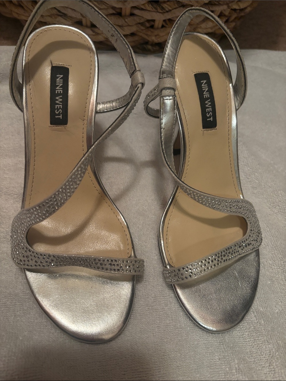 Nine West Metallic Silver Rhinestone Slingback Heels